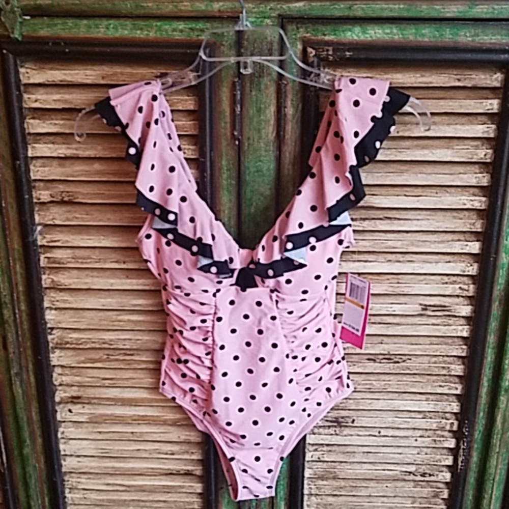 Betsey Johnson pink polka dot one piece swimsuit S
